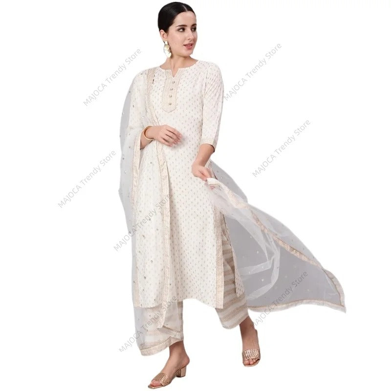 Women's Ethnic Print 3-Piece Kurta Cotton Suit with Palazzo Dupatta