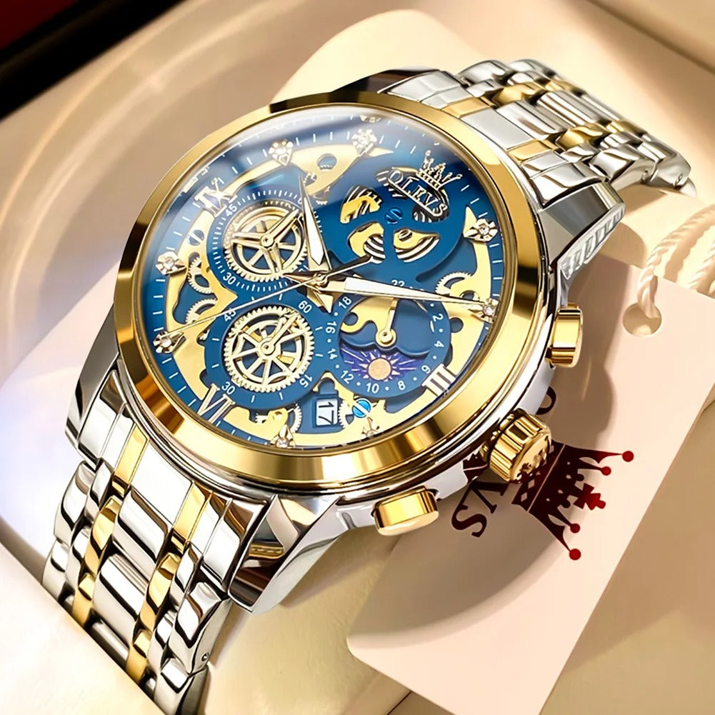 OLEVS Men's Watches Top Brand Luxury Original Waterproof Watch for Man Gold Skeleton Style 24 Hour Day Night