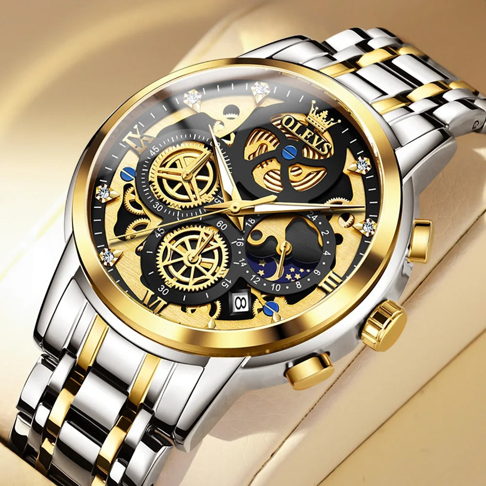 OLEVS Men's Watches Top Brand Luxury Original Waterproof Watch for Man Gold Skeleton Style 24 Hour Day Night