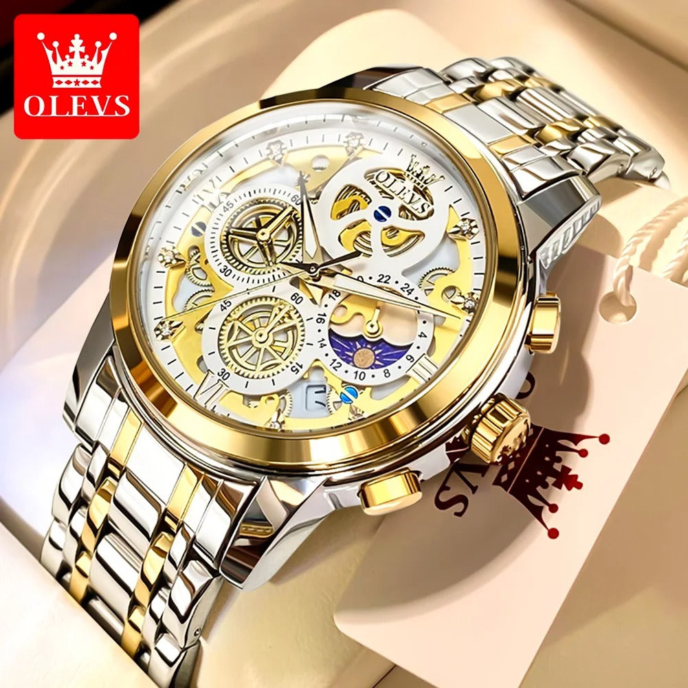 OLEVS Men's Watches Top Brand Luxury Original Waterproof Watch for Man Gold Skeleton Style 24 Hour Day Night