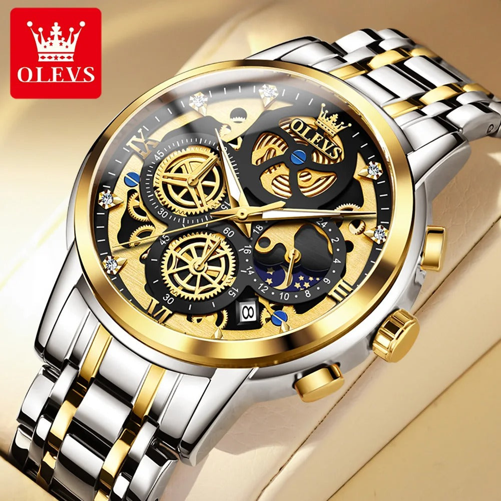 OLEVS Men's Watches Top Brand Luxury Original Waterproof Watch for Man Gold Skeleton Style 24 Hour Day Night