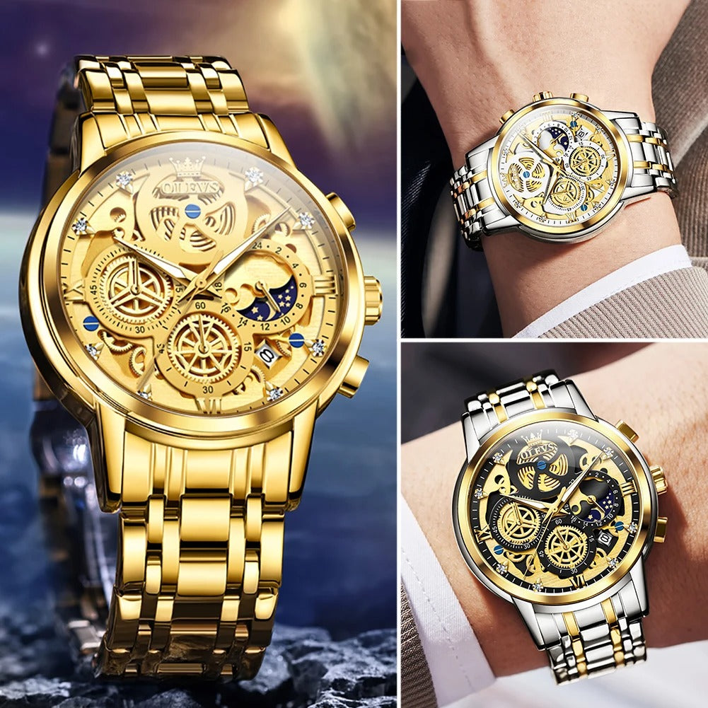 OLEVS Men's Watches Top Brand Luxury Original Waterproof Watch for Man Gold Skeleton Style 24 Hour Day Night