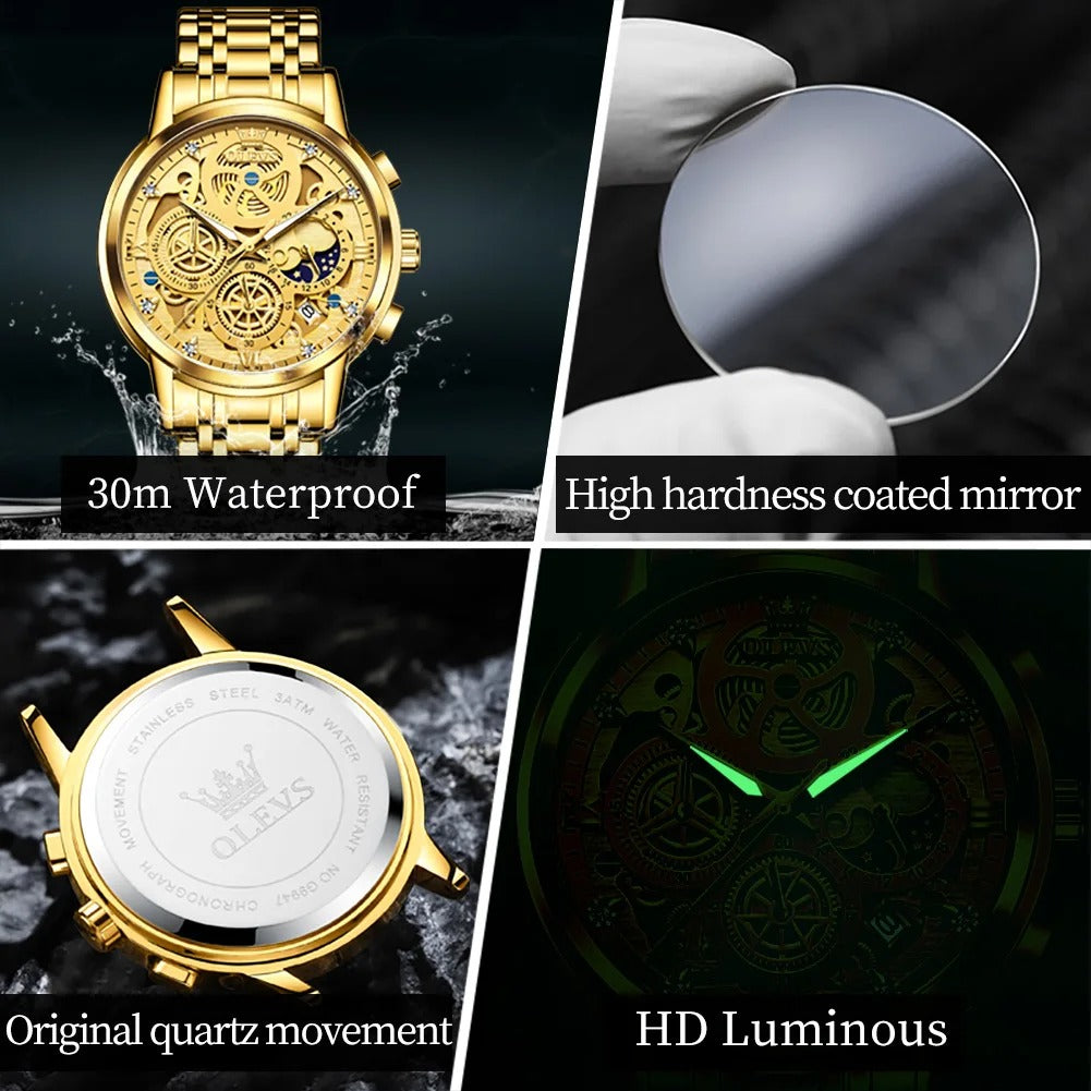 OLEVS Men's Watches Top Brand Luxury Original Waterproof Watch for Man Gold Skeleton Style 24 Hour Day Night