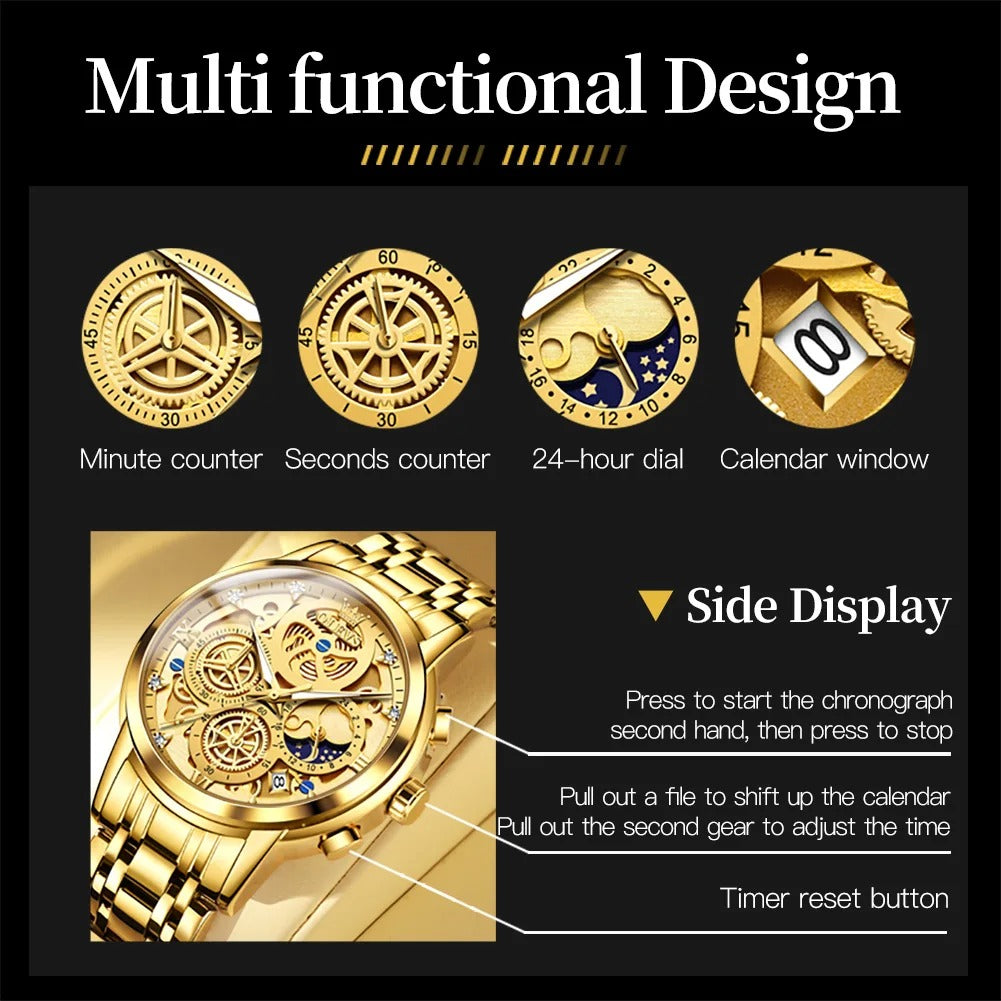 OLEVS Men's Watches Top Brand Luxury Original Waterproof Watch for Man Gold Skeleton Style 24 Hour Day Night