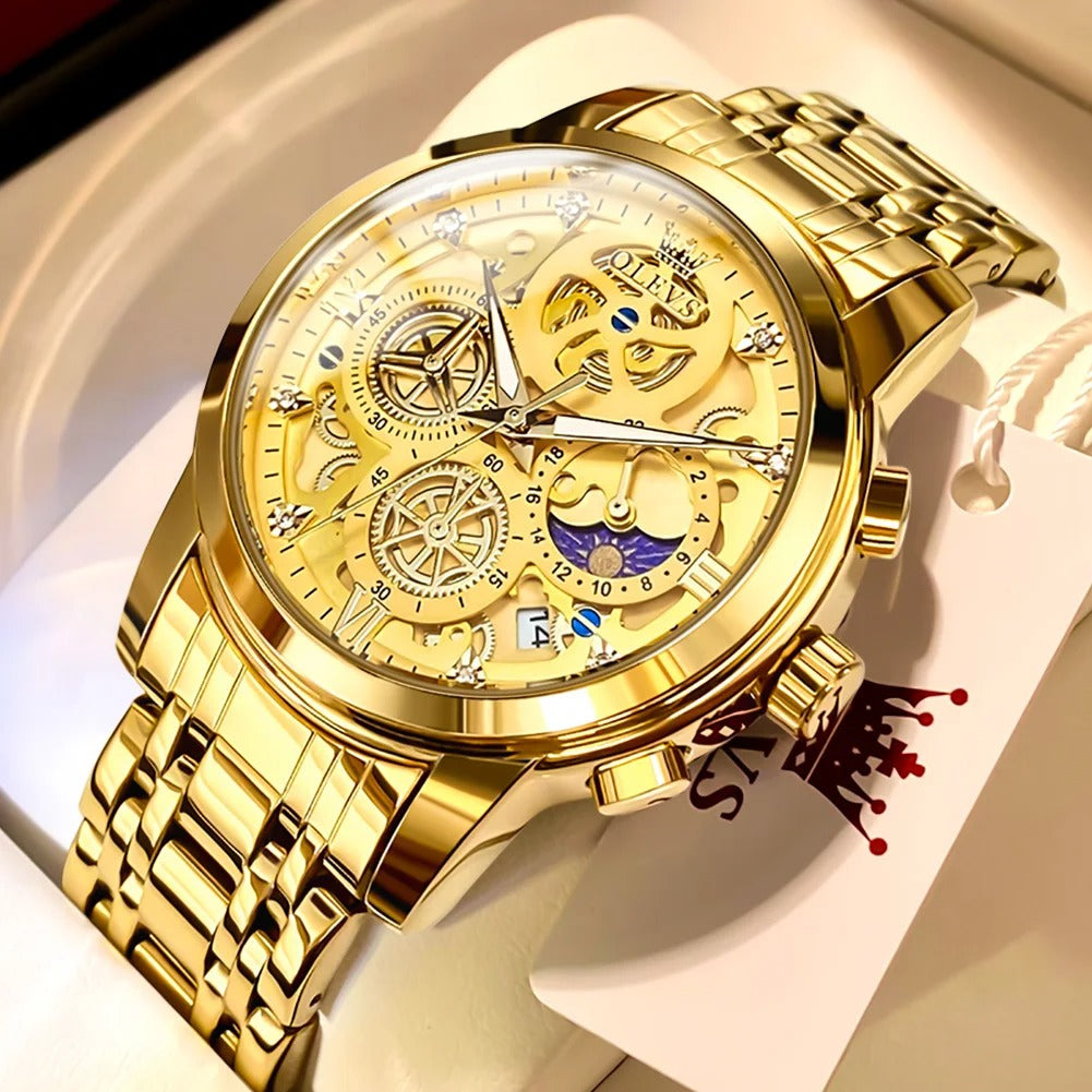 OLEVS Men's Watches Top Brand Luxury Original Waterproof Watch for Man Gold Skeleton Style 24 Hour Day Night