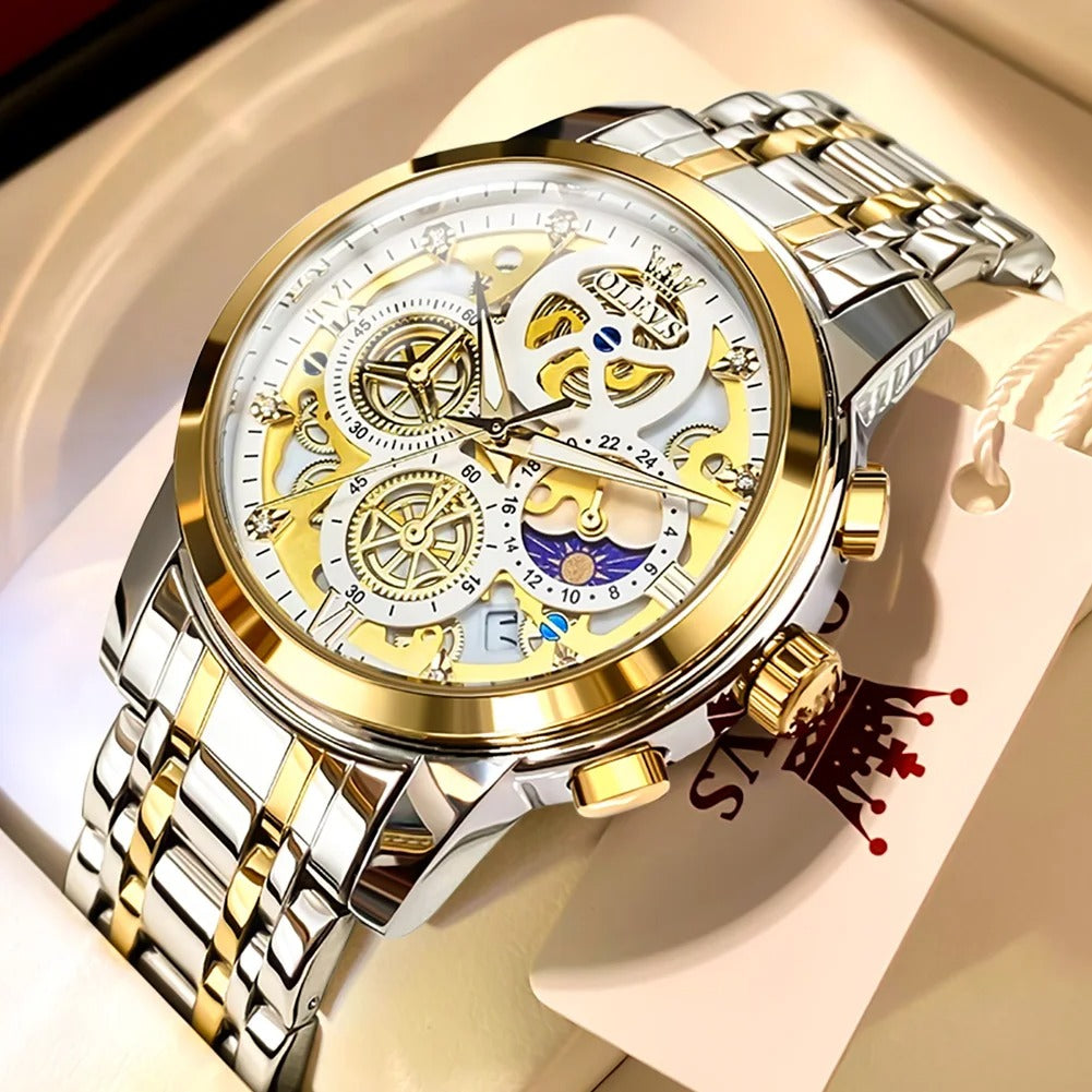 OLEVS Men's Watches Top Brand Luxury Original Waterproof Watch for Man Gold Skeleton Style 24 Hour Day Night