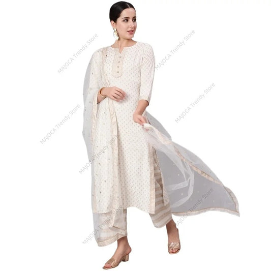 Women's Ethnic Print 3-Piece Kurta Cotton Suit with Palazzo Dupatta