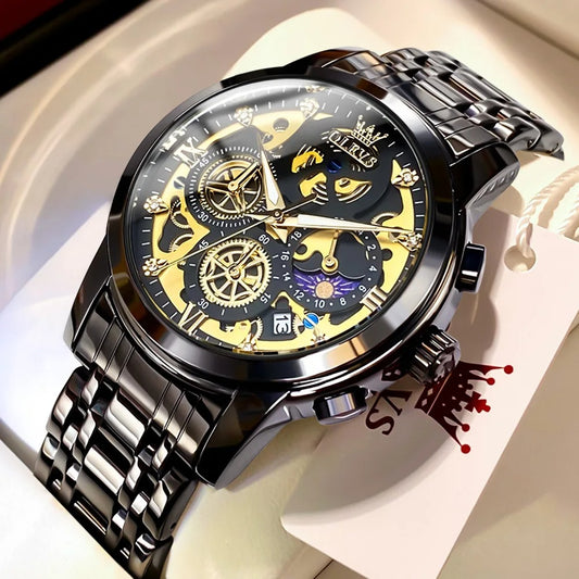 OLEVS Men's Watches Top Brand Luxury Original Waterproof Watch for Man Gold Skeleton Style 24 Hour Day Night