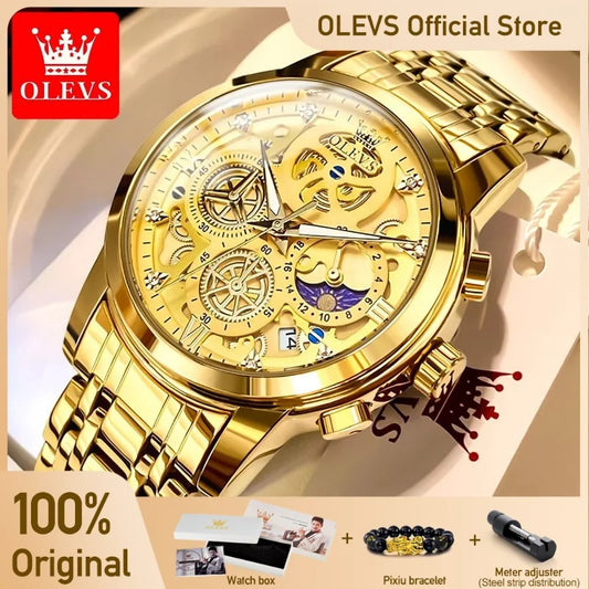OLEVS Men's Watches Top Brand Luxury Original Waterproof Watch for Man Gold Skeleton Style 24 Hour Day Night